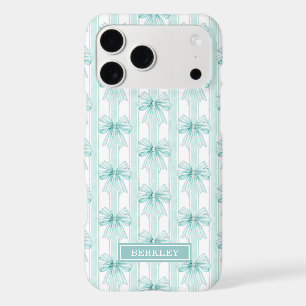Aqua Coquette Bows on Stripes Monogrammed Case-Mat