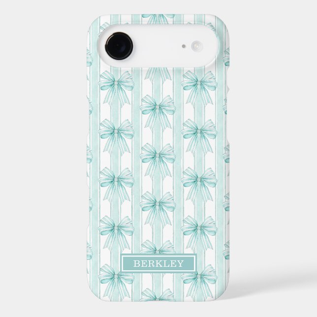 Aqua Coquette Bows on Stripes Monogrammed Case-Mat (Back)