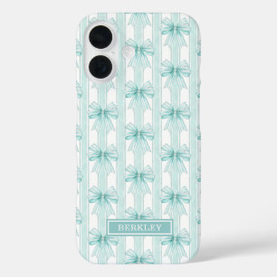 Aqua Coquette Bows on Stripes Monogrammed Case-Mat iPhone 16 Case
