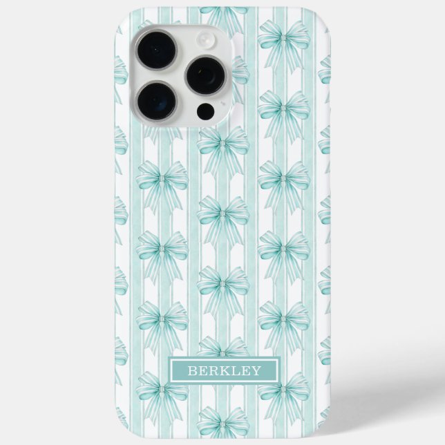 Aqua Coquette Bows on Stripes Monogrammed Case-Mate iPhone Case (Back)