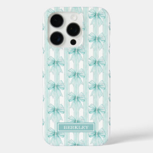Aqua Coquette Bows on Stripes Monogrammed iPhone 16 Pro Case