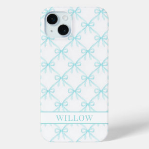 Aqua Coquette Watercolor Bows iPhone 15 Mini Case