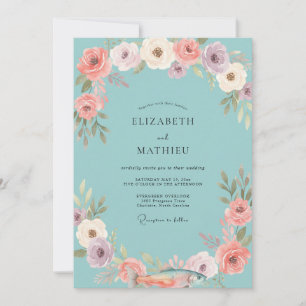 Aqua Coral Blossom Wedding Invitation