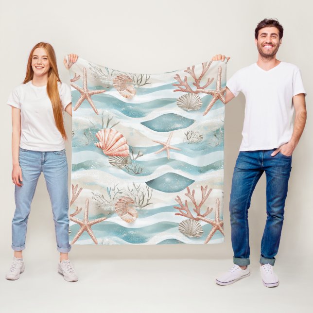 Aqua Coral Botanical Coastal Pattern Fleece Blanket (In Situ)