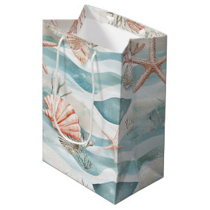 Aqua Coral Botanical Coastal Pattern Medium Gift Bag