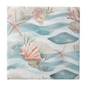 Aqua Coral Botanical Coastal Pattern Tile