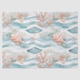 Aqua Coral Botanical Coastal Pattern Tissue Paper