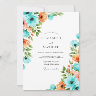 Aqua Coral Botanical Romance Wedding Invitation