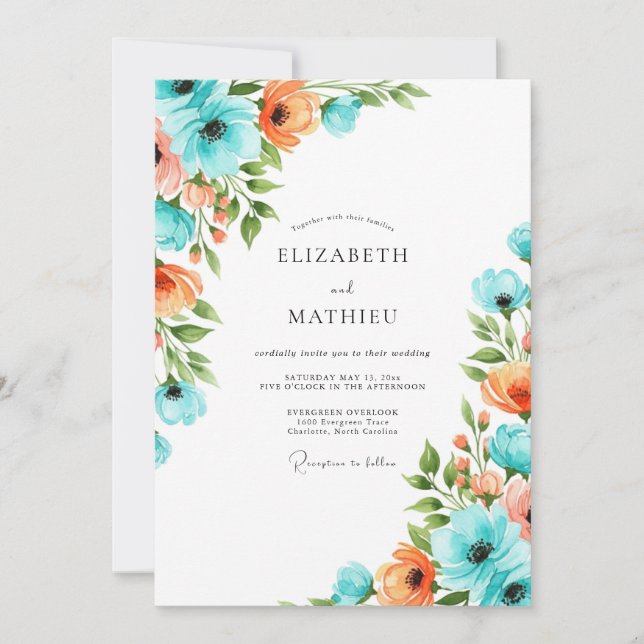 Aqua Coral Botanical Romance Wedding Invitation (Front)