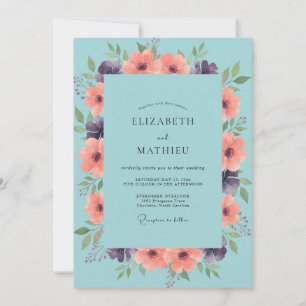 Aqua Coral Botanical Watercolor Wedding Invitation