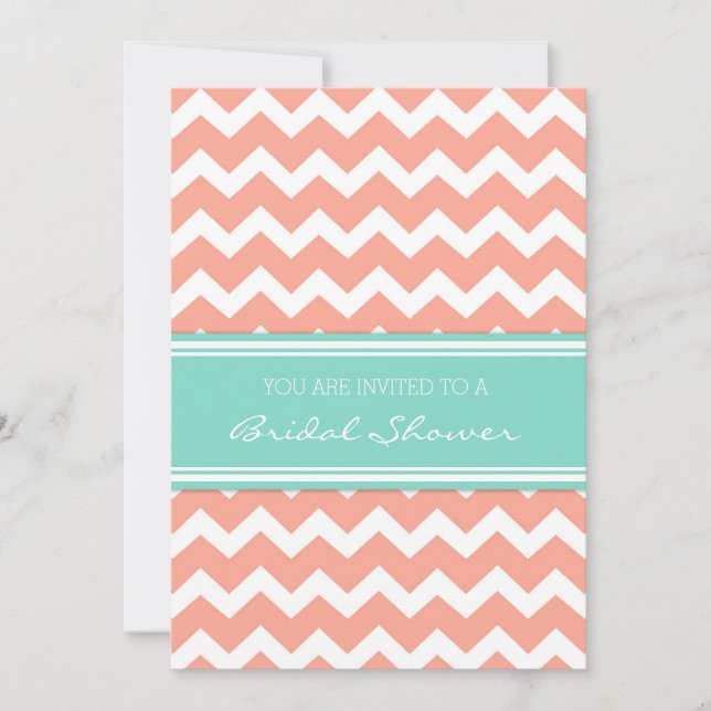 Aqua Coral Chevron Bridal Shower Invitation Cards (Front)