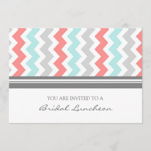 Aqua Coral Grey Chevron Bridal Lunch Invitation