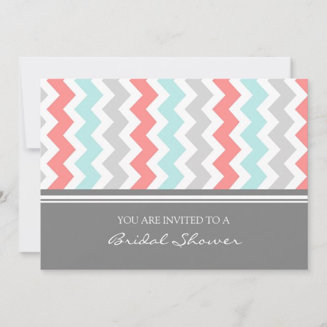 Aqua Coral Grey Chevron Bridal Shower Invitation (Front)