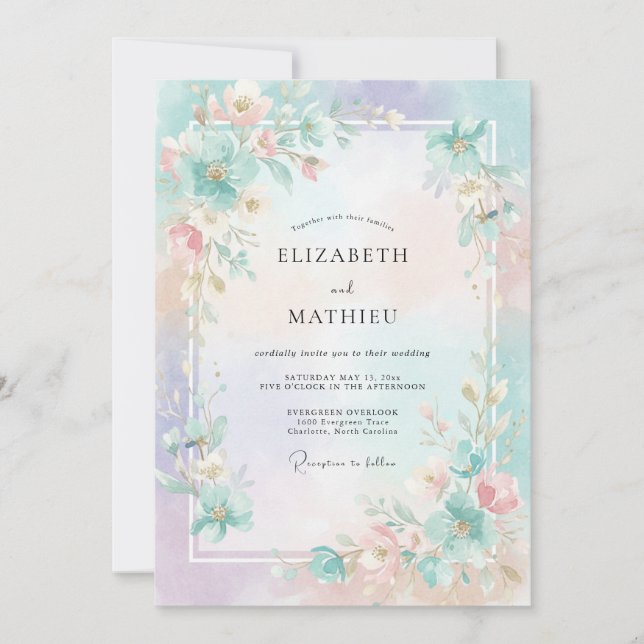 Aqua Coral Leafy Wedding Invitation (Front)