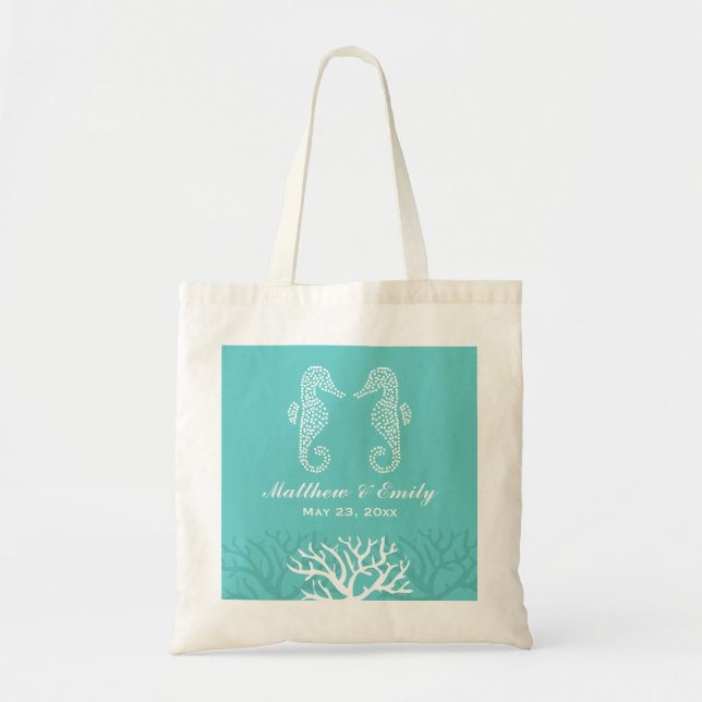 Aqua Coral Reef Seahorse Wedding Tote Bag (Front)