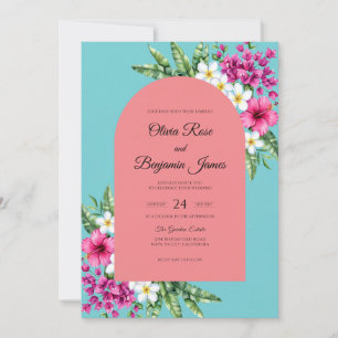 Aqua Coral Tropical Dusty Eucalyptus Wedding Invitation