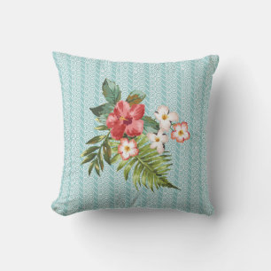 Aqua/Coral Tropical Floral Ocean Wave Pattern Cushion