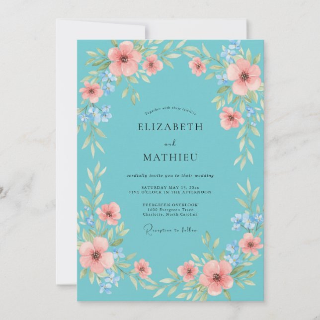 Aqua Coral Wildflower Wedding Invitation (Front)