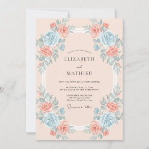 Aqua Coral Wreath Wedding Invitation