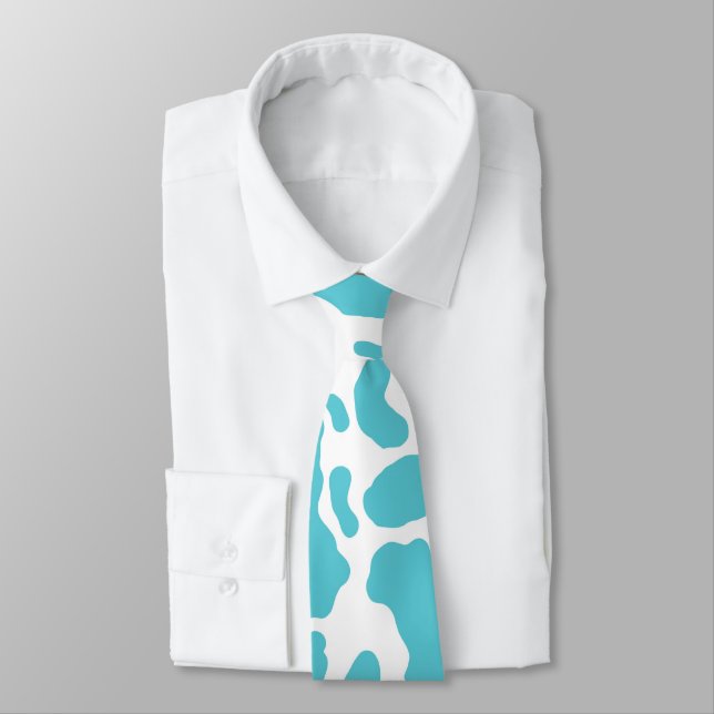 Aqua Cow Spots Animal Print Pattern Tie (Tied)