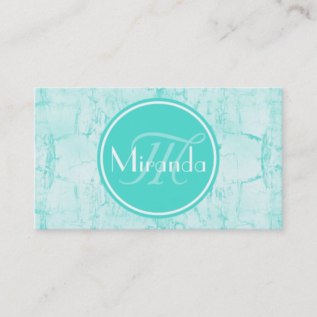 Aqua Cracked Paint Monogram Business Card (Front)