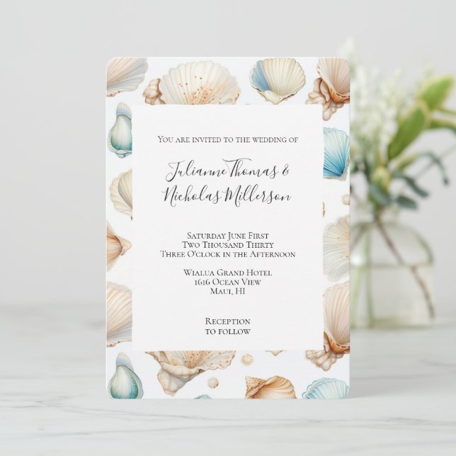Aqua Cream Beach Shells Wedding Invitation (Standing Front)