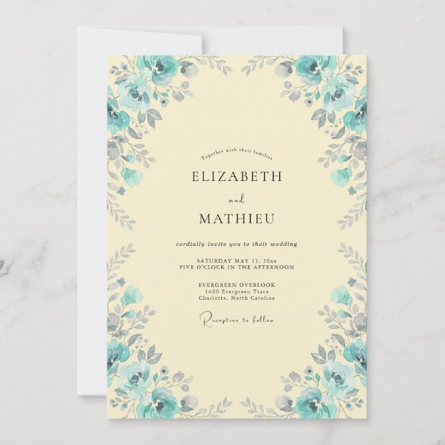 Aqua Cream Foliage Eucalyptus Wedding Invitation (Front)