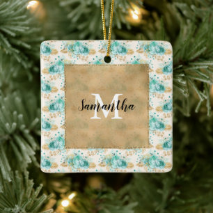 Aqua Cream Gold Floral Black Monogram Ceramic Ornament