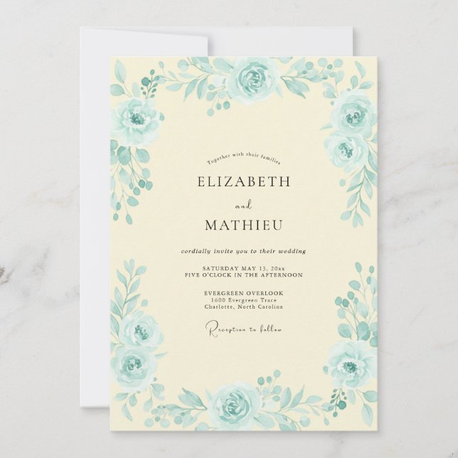Aqua Cream Peony Wedding Invitation (Front)