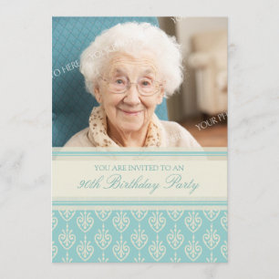 Aqua Cream Photo 90th Birthday Party Invitations