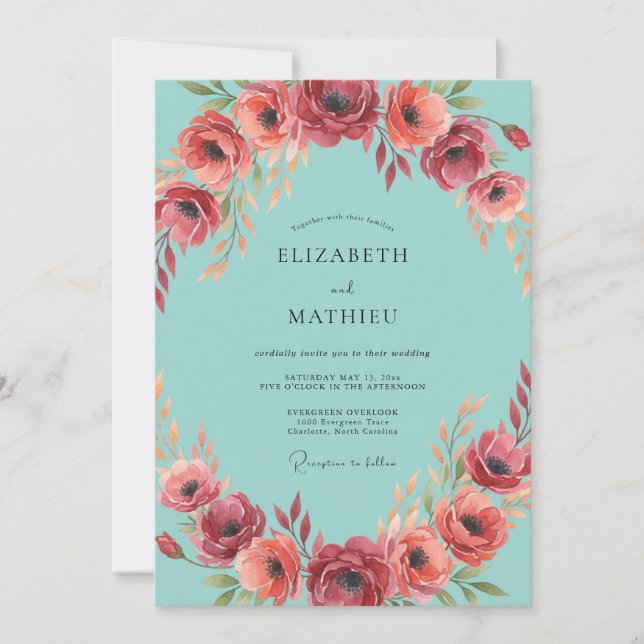 Aqua Crimson Anemone Wedding Invitation (Front)