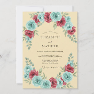 Aqua Crimson Petal Wedding Invitation