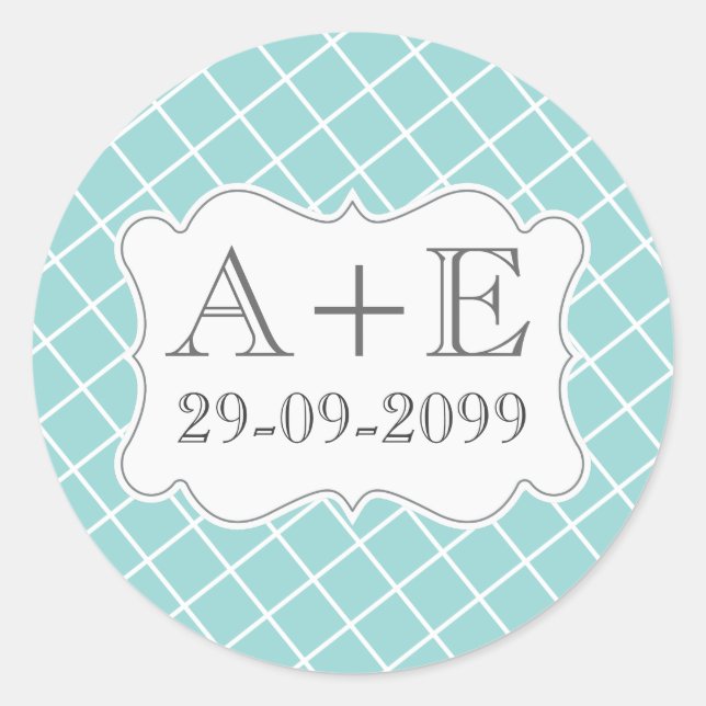 Aqua Cross Hatch Vintage Wedding Monogram Sticker (Front)