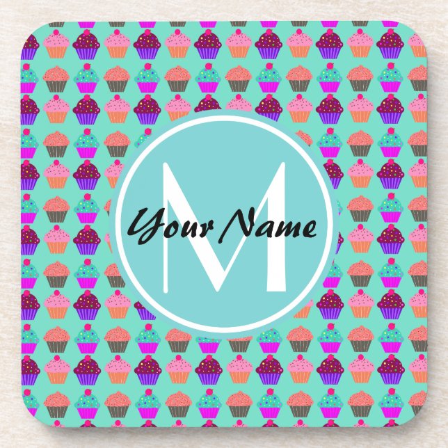 Aqua Cupcake Personalised Monogram Coaster (Front)