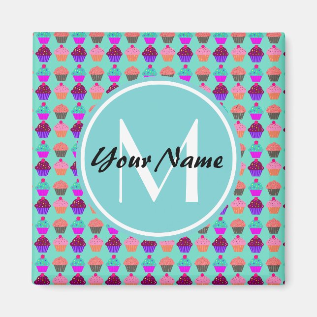 Aqua Cupcake Personalised Monogram Magnet (Front)