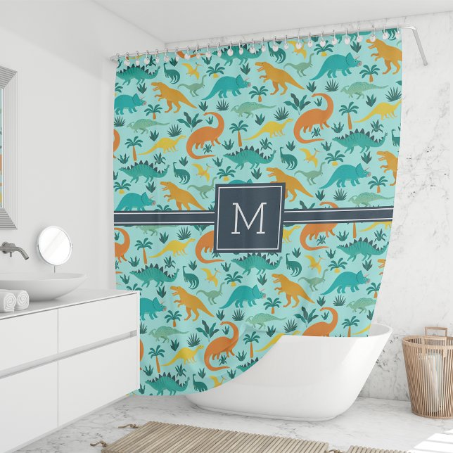 Aqua | Cute Colorful Dinosaur Pattern Kid Monogram Shower Curtain (Creator Uploaded)