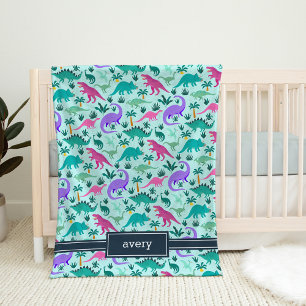Aqua   Cute Colorful Dinosaur Pattern Kids Name Fleece Blanket