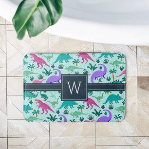 Aqua   Cute Colourful Dinosaur Pattern Kid Monogra Bath Mat