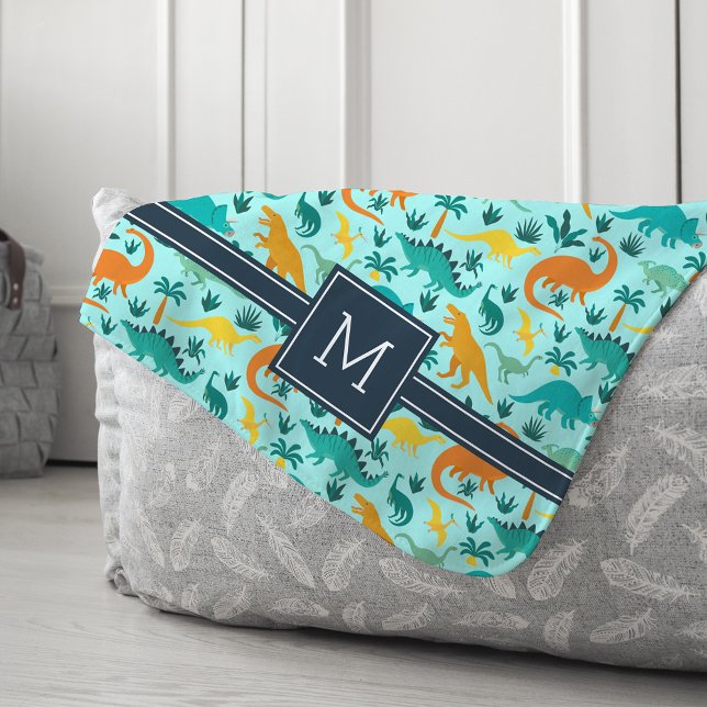 Aqua | Cute Colourful Dinosaur Pattern Kid Monogra Sherpa Blanket (Creator Uploaded)