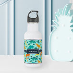Aqua | Cute Colourful Dinosaur Pattern Kids Name 532 Ml Water Bottle<br><div class="desc">Personalise this cute dinosaur themed water bottle with your child’s name in white lettering for a cool custom touch! Created especially for dino-loving kids,  this colourful design features orange,  yellow,  and mint green dinosaur illustrations on a vibrant aqua background.</div>