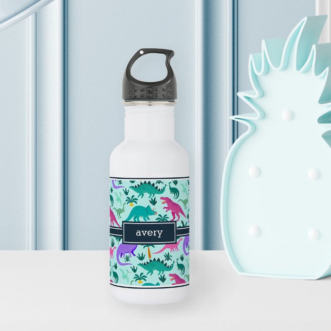 Aqua | Cute Colourful Dinosaur Pattern Kids Name 532 Ml Water Bottle (Creator Uploaded)