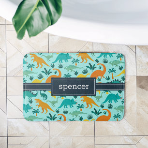 Aqua Cute Colourful Dinosaur Pattern Kids Name Bath Mat