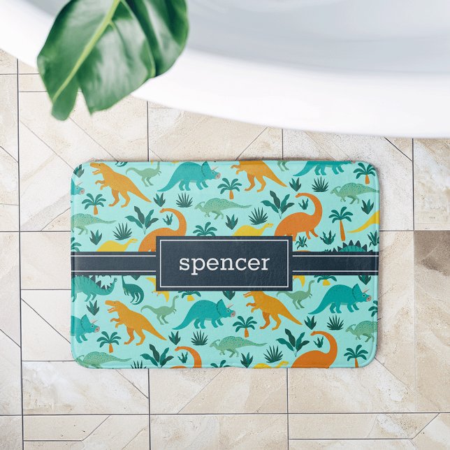 Aqua | Cute Colourful Dinosaur Pattern Kids Name Bath Mat (Creator Uploaded)