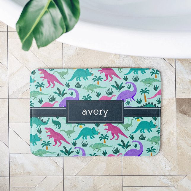 Aqua | Cute Colourful Dinosaur Pattern Kids Name Bath Mat (Creator Uploaded)