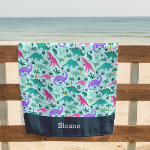 Aqua   Cute Colourful Dinosaur Pattern Kids Name Beach Towel