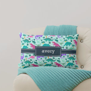 Aqua   Cute Colourful Dinosaur Pattern Kids Name Lumbar Cushion