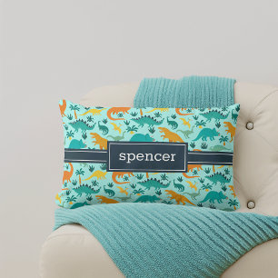 Aqua   Cute Colourful Dinosaur Pattern Kids Name Lumbar Cushion