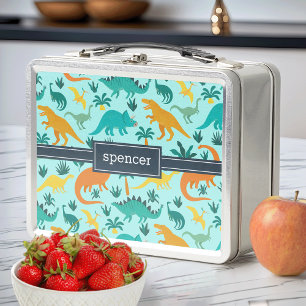 Aqua Cute Colourful Dinosaur Pattern Kids Name Metal Lunch Box