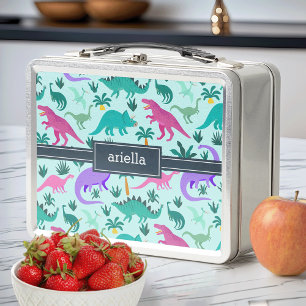 Aqua   Cute Colourful Dinosaur Pattern Kids Name Metal Lunch Box