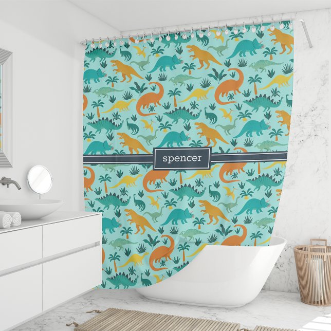 Aqua | Cute Colourful Dinosaur Pattern Kids Name Shower Curtain (Creator Uploaded)